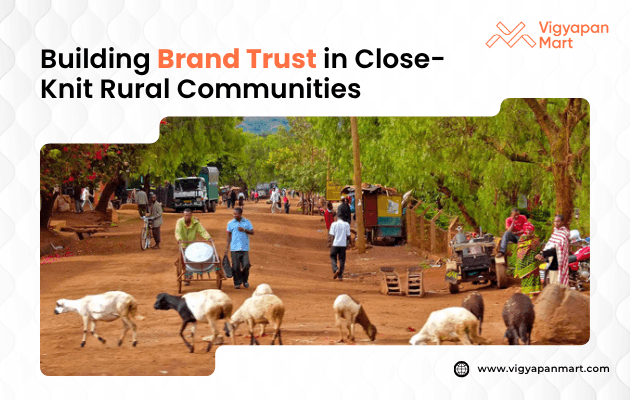 Community-focused Out-of-Home (OOH) advertising in a rural setting, featuring a billboard with the message ‘Building Brand Trust in Close-Knit Rural Communities,’ showcasing a local business owner engaging with residents, emphasizing the importance of personalized and authentic brand interactions in fostering trust within tight-knit rural communities.