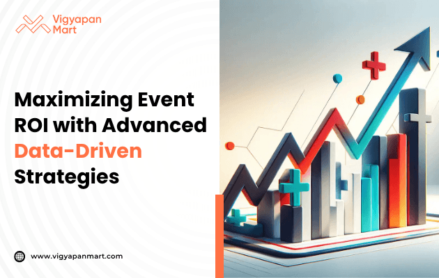 Event marketing poster titled 'Maximizing Event ROI with Advanced Data-Driven Strategies,' featuring a graph illustrating increased return on investment through data analytics, with icons representing various data sources and analytics tools.
