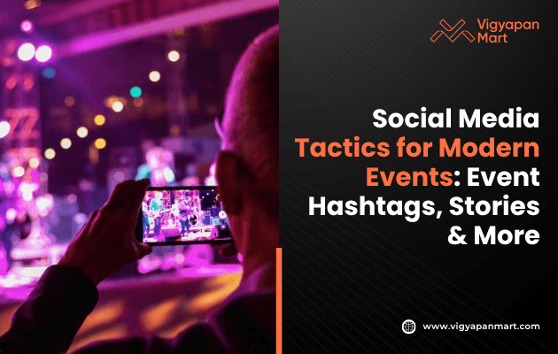 Poster titled 'Social Media Tactics for Modern Events: Event Hashtags, Stories & More,' featuring strategies like creating unique event hashtags, leveraging Instagram Stories, and utilizing TikTok for real-time engagement to enhance event visibility and attendee interaction.