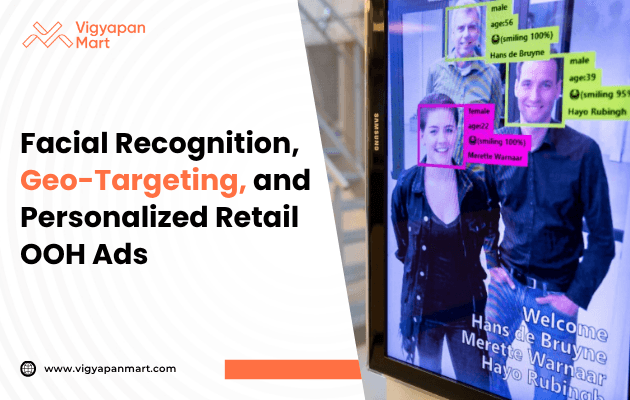 Poster titled 'Facial Recognition, Geo-Targeting, and Personalized Retail OOH Ads,' illustrating the integration of biometric sensors and location-based data to deliver tailored advertisements to consumers based on their demographics and proximity to retail locations.