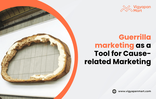 A creative guerrilla marketing campaign featuring a large, interactive installation in a public space, designed to raise awareness for a social cause, with the text ‘Guerrilla Marketing as a Tool for Cause-related Marketing’ prominently displayed.