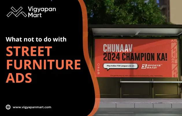 A bus stop shelter displays a large, bright orange ad promoting a sports betting app for 2024, with trees and buildings in the background. The text reads: What not to do with STREET FURNITURE ADS.