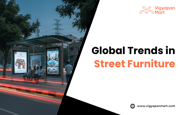 Image titled 'Global Trends in Street Furniture' showcasing diverse urban seating solutions, including modular benches, integrated planters, and smart lighting elements, reflecting the latest innovations in public space design."