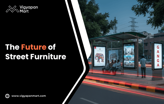 Sleek modular street furniture with solar panels and USB charging ports set in a lively city park with greenery and walkways, illustrating the future of sustainable and smart urban public seating titled 'The Future of Street Furniture