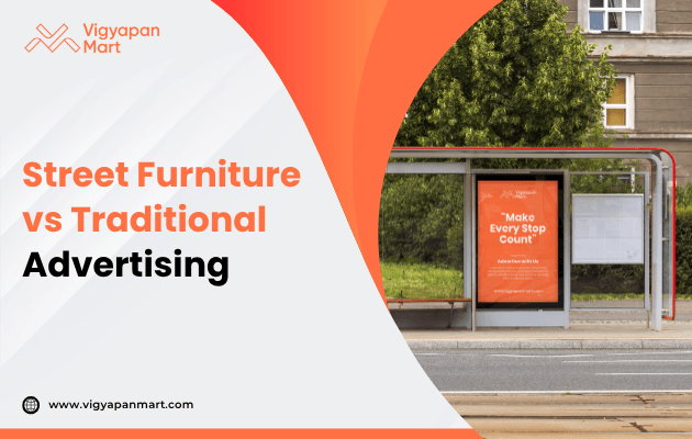A comparison of modern street furniture with built-in advertising panels and traditional billboards, showing how urban advertising is evolving, titled 'Street Furniture vs Traditional Advertising'