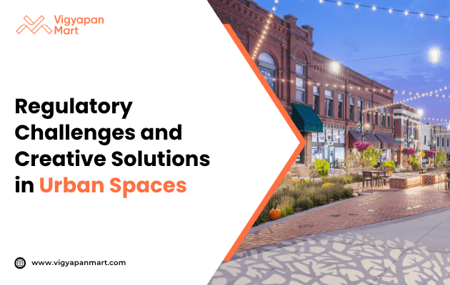 Cityscape showing innovative street furniture and digital signage alongside cluttered traditional ads, illustrating regulatory challenges and creative solutions in urban spaces titled 'Regulatory Challenges and Creative Solutions in Urban Spaces
