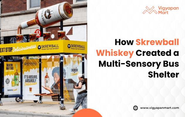 Skrewball Whiskey's multi-sensory bus shelter ad features a 10-foot-long fiberglass bottle pouring whiskey into glowing shot glasses, accompanied by programmable lighting and a custom scent machine emitting the brand's signature aroma, creating an immersive brand experience.