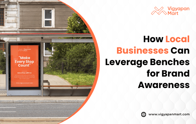 Image titled 'How Local Businesses Can Leverage Benches for Brand Awareness' showcasing a creatively branded bus bench featuring a local café's logo and a QR code, inviting passersby to scan for a discount, demonstrating effective use of street furniture for local advertising.