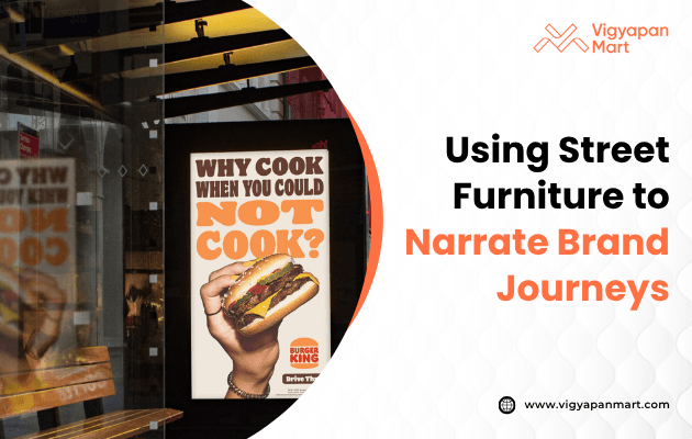 Visual titled ‘Using Street Furniture to Narrate Brand Journeys’ showcasing a bus shelter transformed into an immersive brand experience, featuring interactive digital displays, product visuals, and engaging storytelling elements that guide pedestrians through a brand's narrative in an urban setting.