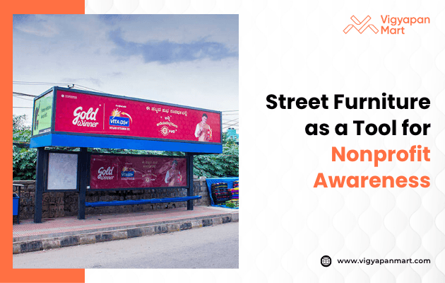 Visual titled ‘Street Furniture as a Tool for Nonprofit Awareness’ depicting a bus shelter transformed into an interactive display showcasing a nonprofit organization's mission, featuring QR codes for donations, volunteer sign-ups, and educational content, illustrating how street furniture can be utilized to raise awareness and engage the community in social causes.