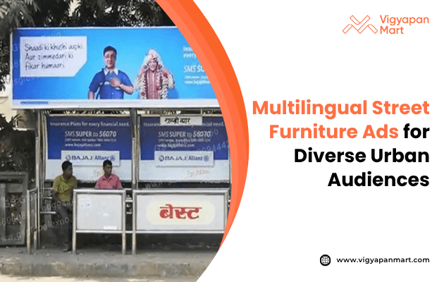 Visual titled ‘Multilingual Street Furniture Ads for Diverse Urban Audiences’ showcasing a bus shelter adorned with advertisements in multiple languages, reflecting the multicultural fabric of the city and illustrating how street furniture can effectively communicate with a diverse urban population.