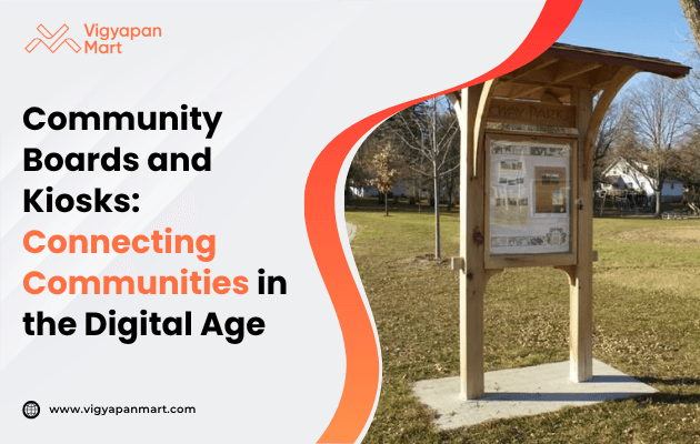 Visual titled ‘Community Boards and Kiosks: Connecting Communities in the Digital Age’ showcasing a digital kiosk in an urban setting, featuring a touchscreen interface displaying local event information, interactive maps, and community announcements, illustrating how modern street furniture serves as a bridge between technology and public engagement in city environments.