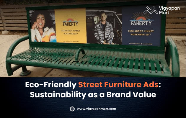 Visual titled ‘Eco-Friendly Street Furniture Ads: Sustainability as a Brand Value’ showcasing a bus shelter made from recycled materials, featuring solar-powered lighting and greenery integrated into the design, illustrating how brands are adopting sustainable practices in urban advertising through eco-conscious street furniture.