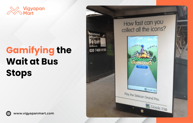 Electronic billboard at a bus stop displays an engaging game challenge, prompting passersby to collect icons quickly. Bright colors evoke excitement.