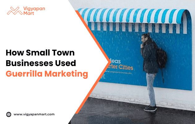 A person stands under a blue and white awning, talking on the phone in the rain, highlighting guerrilla marketing for small businesses.