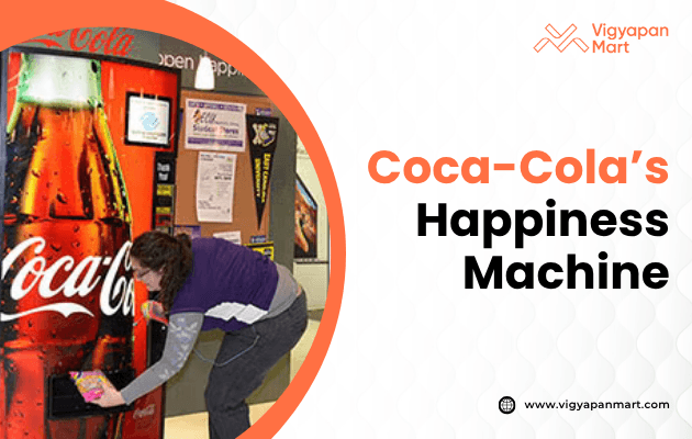 An individual is interacting with a Coca-Cola vending machine that promotes happiness, surrounded by advertisements and promotional materials.