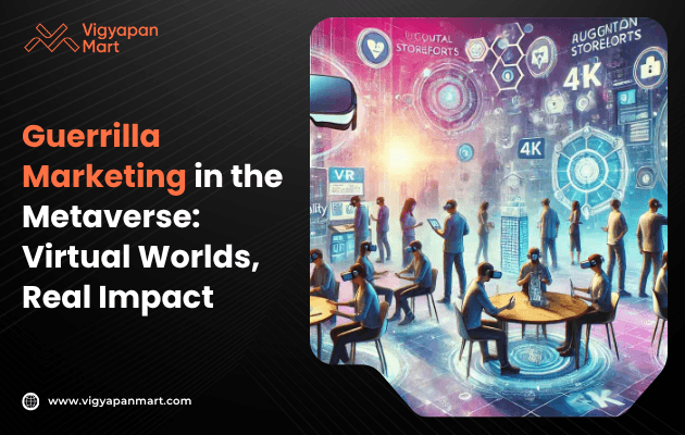 A futuristic scene depicts people interacting around tables with vibrant holograms and digital displays. Text reads "Guerrilla Marketing in the Metaverse."