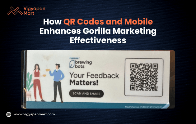 Visual of a marketing sign titled 'How QR Codes and Mobile Enhance Guerilla Marketing Effectiveness'. Includes a QR code, the slogan 'Your Feedback Matters!', and a graphic of two people. Tone is modern and interactive, emphasizing audience engagement.