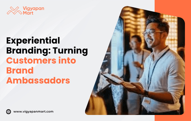 Young professional man in an event setting, smiling and holding a tablet. Text reads, "Experiential Branding: Turning Customers into Brand Ambassadors."