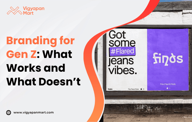 Billboard displaying two ads; left side reads 'Got some #Flared jeans vibes.' Right side shows 'Finds' on a purple background. Vigyapan Mart branding.