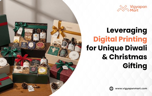 Gift boxes with ribbons showcase curated holiday items, framed by text promoting digital printing for unique Diwali and Christmas gifting. Cozy and festive.