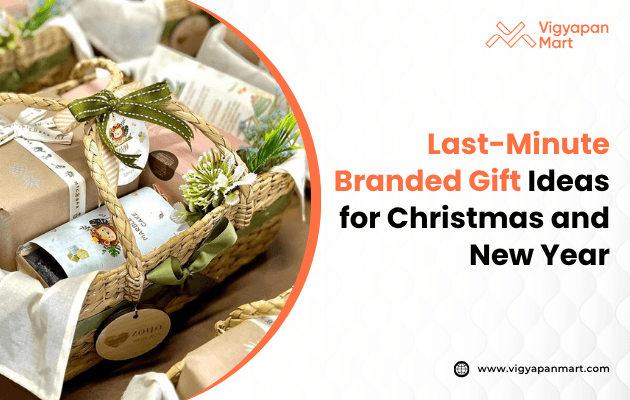 Woven gift baskets filled with wrapped presents and festive greenery sit beside text reading "Last-Minute Branded Gift Ideas for Christmas and New Year.