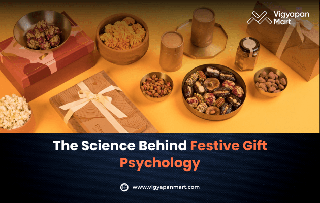 Festive gift items, including sweets, nuts, and wrapped boxes, on a warm-toned surface. Text reads "The Science Behind Festive Gift Psychology.