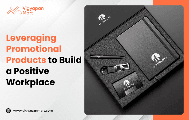 A promotional gift set featuring a notebook, pen, USB stick, and keychain with "Sky Heights" logo, promoting positivity in the workplace.