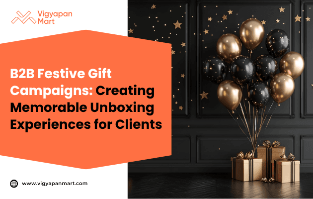 A festive setting with black and gold balloons and star decorations, emphasizing luxury and celebration. Text promotes B2B unboxing experiences.