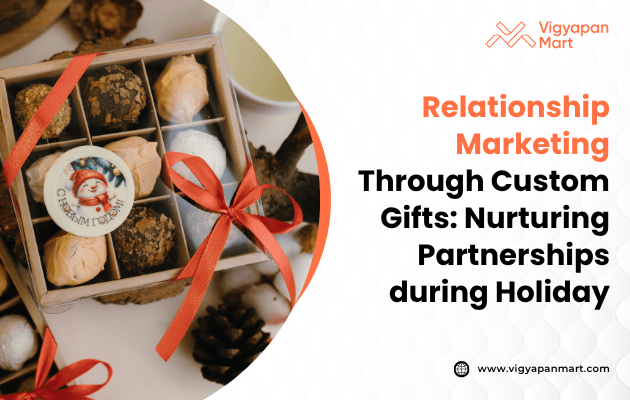 A festive gift box with assorted chocolates, red ribbon, and a Santa-themed treat beside text: "Relationship Marketing Through Custom Gifts.