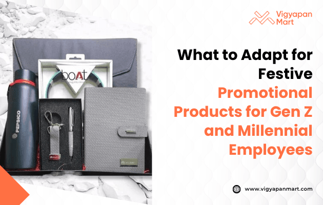 A collection of promotional products including a thermos, notepads, pens, and headphones. Text reads "What to Adapt for Festive Promotional Products for Gen Z and Millennial Employees.