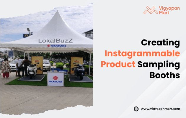 A white outdoor tent labeled "LokalBuzZ" with two Suzuki scooters displayed on platforms. Text beside the image reads "Creating Instagrammable Product Sampling Booths."
