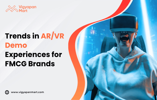 Person in VR headset and hoodie excitedly interacts with a virtual environment. Text reads "Trends in AR/VR Demo Experiences for FMCG Brands." Vibrant and futuristic tone.