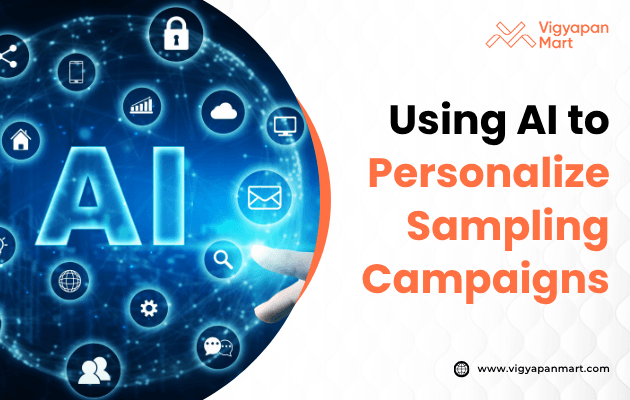 Digital graphic with 'AI' surrounded by icons for technology concepts like security and communication. Text reads 'Using AI to Personalize Sampling Campaigns.'