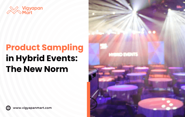 Blurred image of a stage with colorful spotlights and round tables in a dimly lit venue. Text reads, "Product Sampling in Hybrid Events: The New Norm."