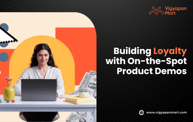A woman with headphones smiles at a laptop in a creative, colorful workspace. Text beside her reads, “Building Loyalty with On-the-Spot Product Demos.”