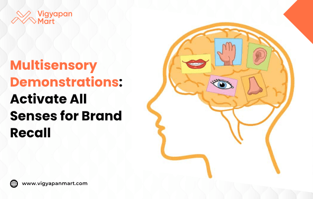 Illustration of a human head with brain sections showing senses: ear, eye, mouth, nose, hand. Text highlights multisensory brand recall strategies.