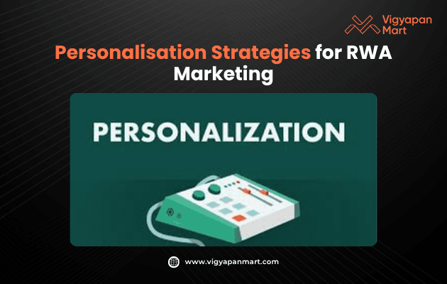 Marketing slide featuring the text 'Personalisation Strategies for RWA Marketing' with an image of a mixer labeled 'Personalization'. The background is dark with subtle diagonal lines and a small Vigyapan Mart logo at the top right.