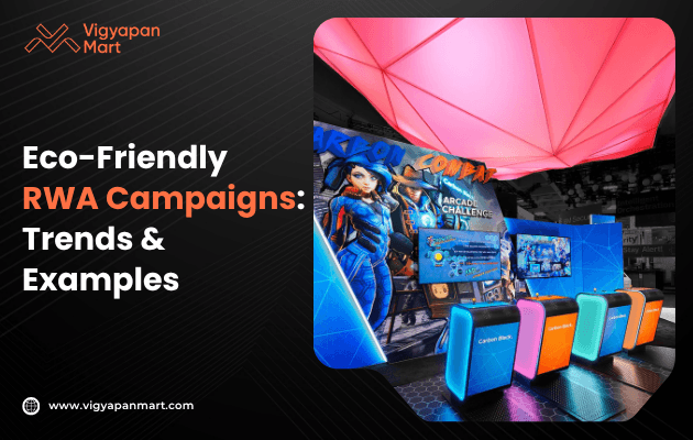 Colorful arcade gaming setup with bright neon lights and large screens under a pink-lit canopy. Text reads 'Eco-Friendly RWA Campaigns: Trends & Examples.'