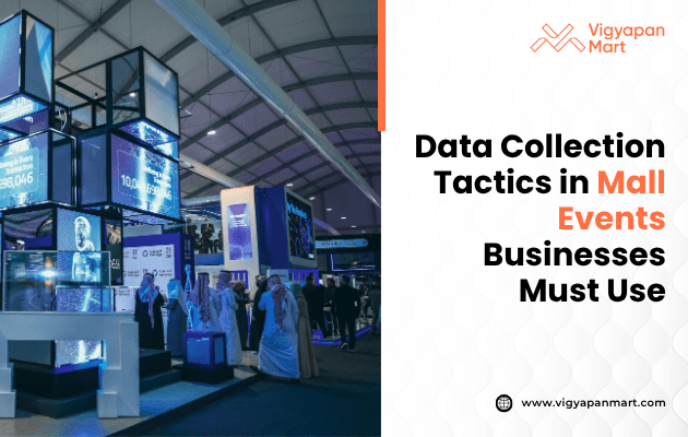 Large indoor event with people in traditional attire around digital screens. Text on right: "Data Collection Tactics in Mall Events Businesses Must Use.