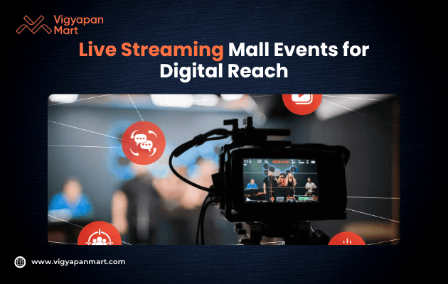 A camera live-streams a mall event, displaying people and icons like chat bubbles on its screen. The text reads, "Live Streaming Mall Events for Digital Reach."
