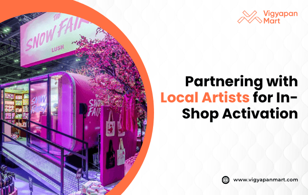 Brightly lit shop display with a pink 'Snow Fair' caravan, surrounded by colorful products and vibrant pink cherry blossoms. Text reads 'Partnering with Local Artists for In-Shop Activation.' Logo and website of Vigyapan Mart are visible.