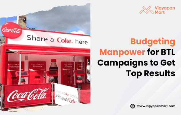 Bright red Coca-Cola stand with "Share a Coke" signage, vending machines, and banners. Text about budgeting manpower for BTL campaigns. Energetic mood.