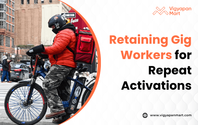 A delivery cyclist in an orange jacket and helmet pauses on a city street with buildings in the background. The text reads "Retaining Gig Workers for Repeat Activations." The tone is professional and focused on gig economy topics