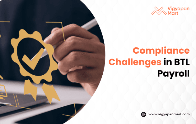A hand holding a pen writes on a surface. A gold ribbon icon with a checkmark overlays the image. The text reads, "Compliance Challenges in BTL Payroll."