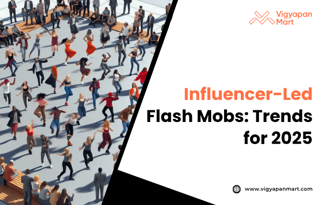 A diverse group of people energetically dancing in a plaza during a flash mob. The text reads "Influencer-Led Flash Mobs: Trends for 2025."