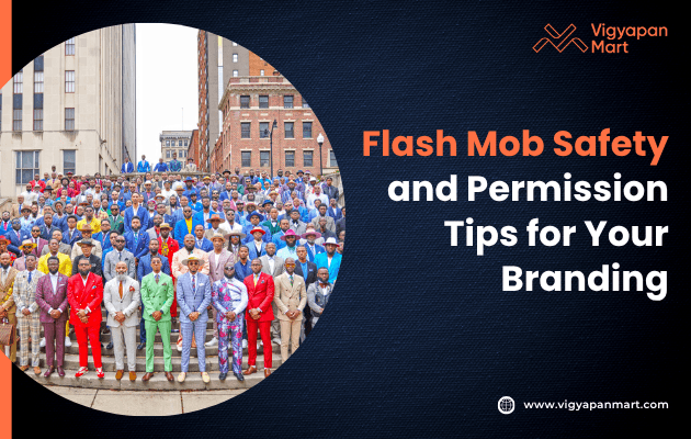 A large, diverse group of people wearing vibrant suits gather on urban steps. The text reads, "Flash Mob Safety and Permission Tips for Your Branding." The scene is lively and colorful.
