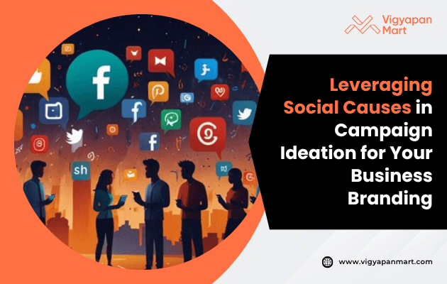 Silhouetted people using devices, social media icons float above against an orange-blue cityscape. Text: "Leveraging Social Causes in Campaign Ideation for Your Business Branding."
