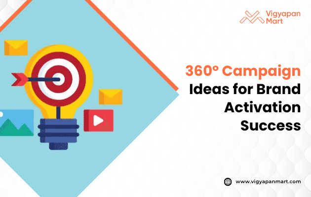 Illustrated target with arrow, surrounded by icons of a mountain, envelope, and play button, next to text: "360° Campaign Ideas for Brand Activation Success." Bright, motivational tone.