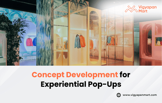 A vibrant, modern pop-up store with colorful clothing displays in a sleek setting. Text reads “Concept Development for Experiential Pop-Ups” by Vigyapan Mart.